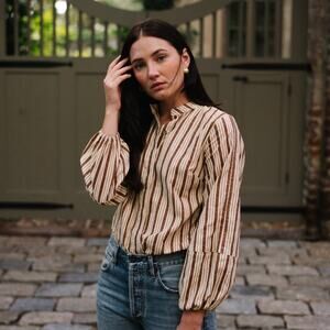 Parterre Brown Cream Striped Bryce Peasant Blouse Long Sleeve Button Down 00 XS